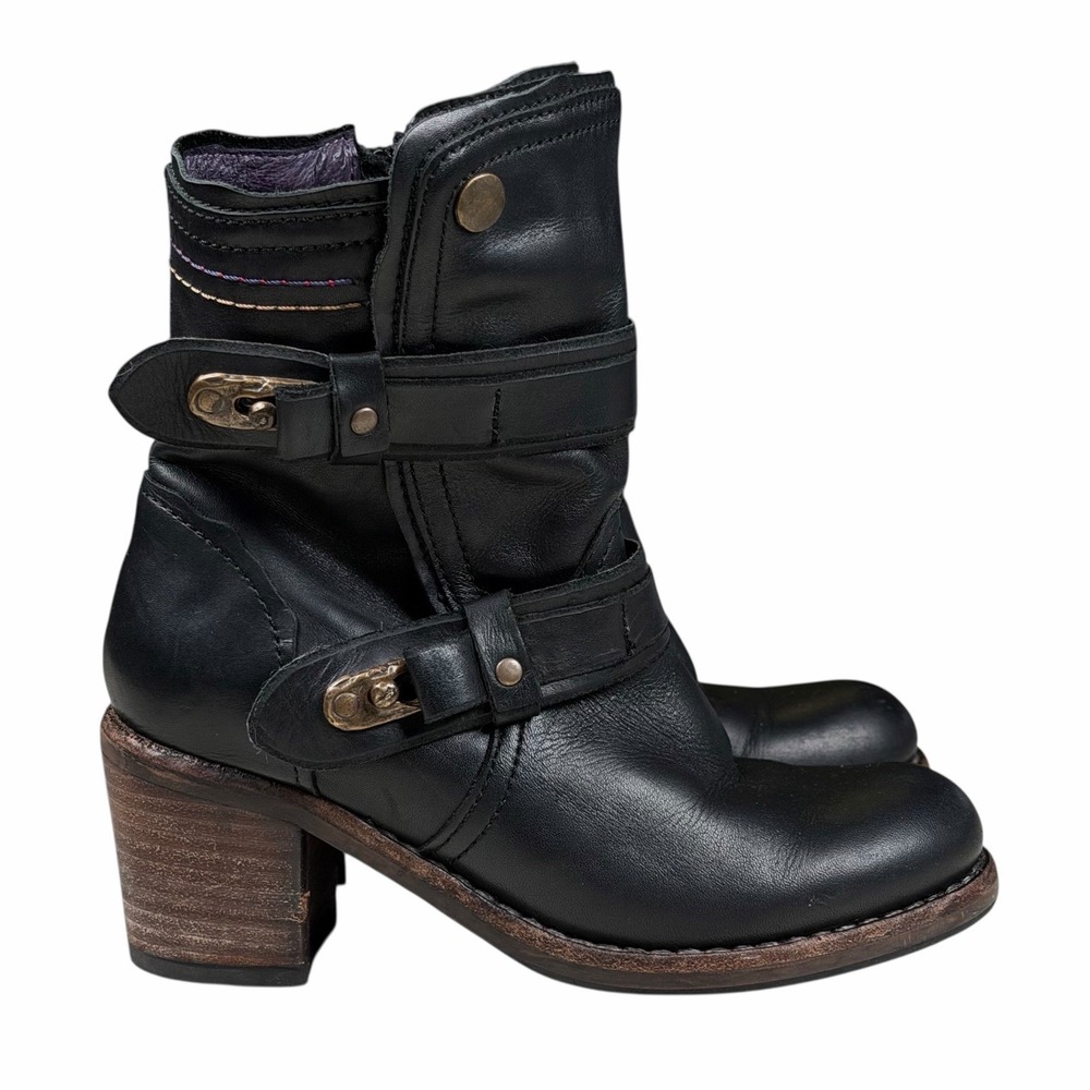 Taos Women's Tombat Black Leather Strappy Heeled Ankle Boots Size 36 EU/5-5.5 US
